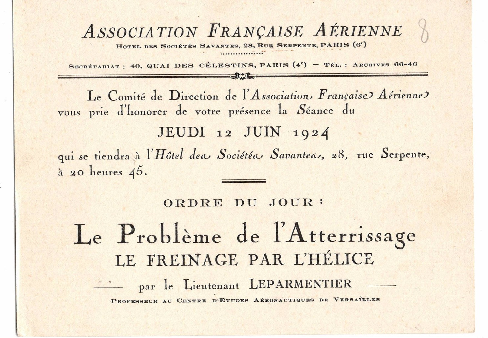 AVIATION: Asociation Française Aérienne-juin 1924 . Thème  "problème De L'attérrissage- Le Freinage Par L'hélice." - Non Classés