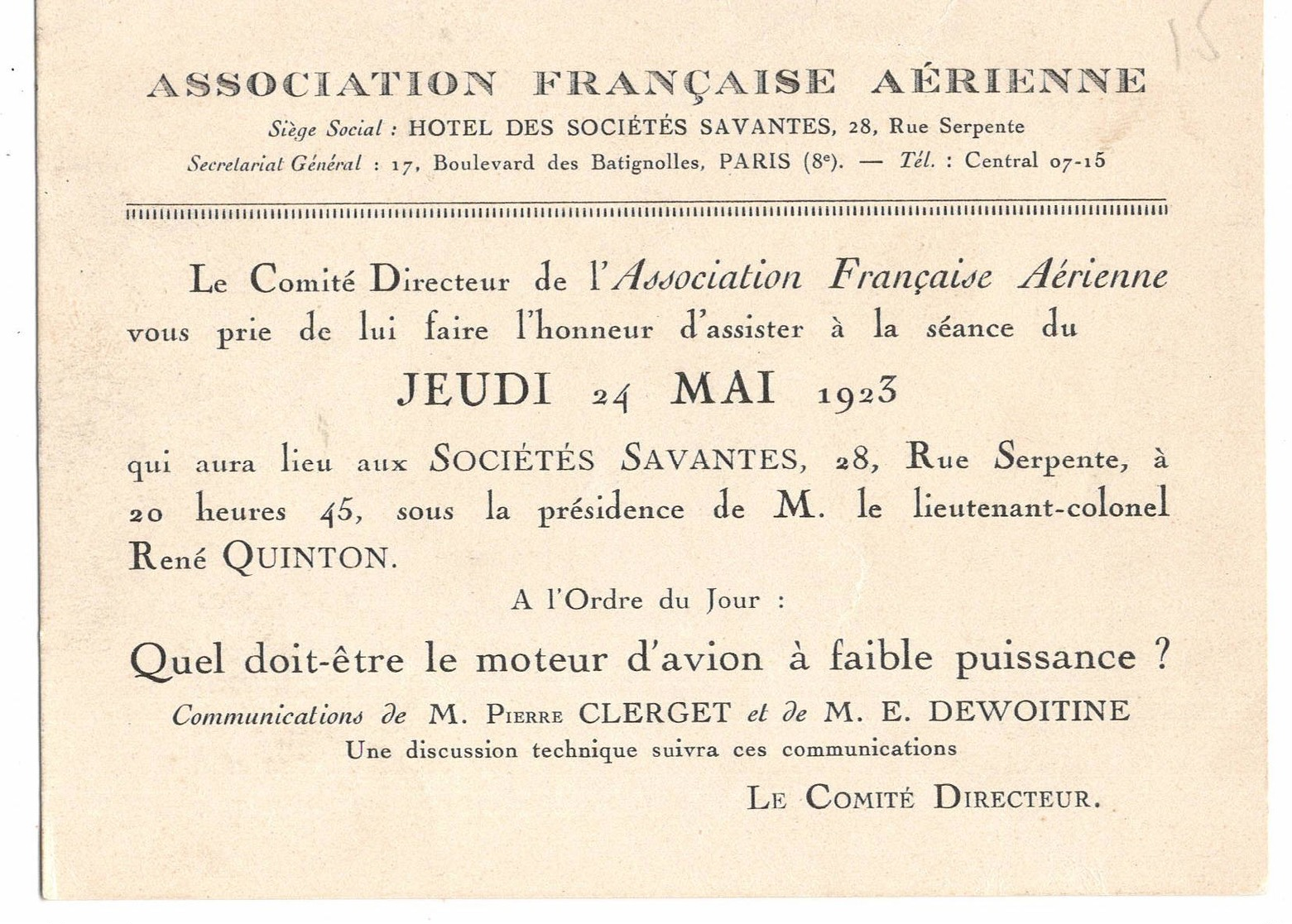 AVIATION: Asociation Française Aérienne-mai 1923 . Thème  "moteur D'avion à Faible Puissance." - Non Classés