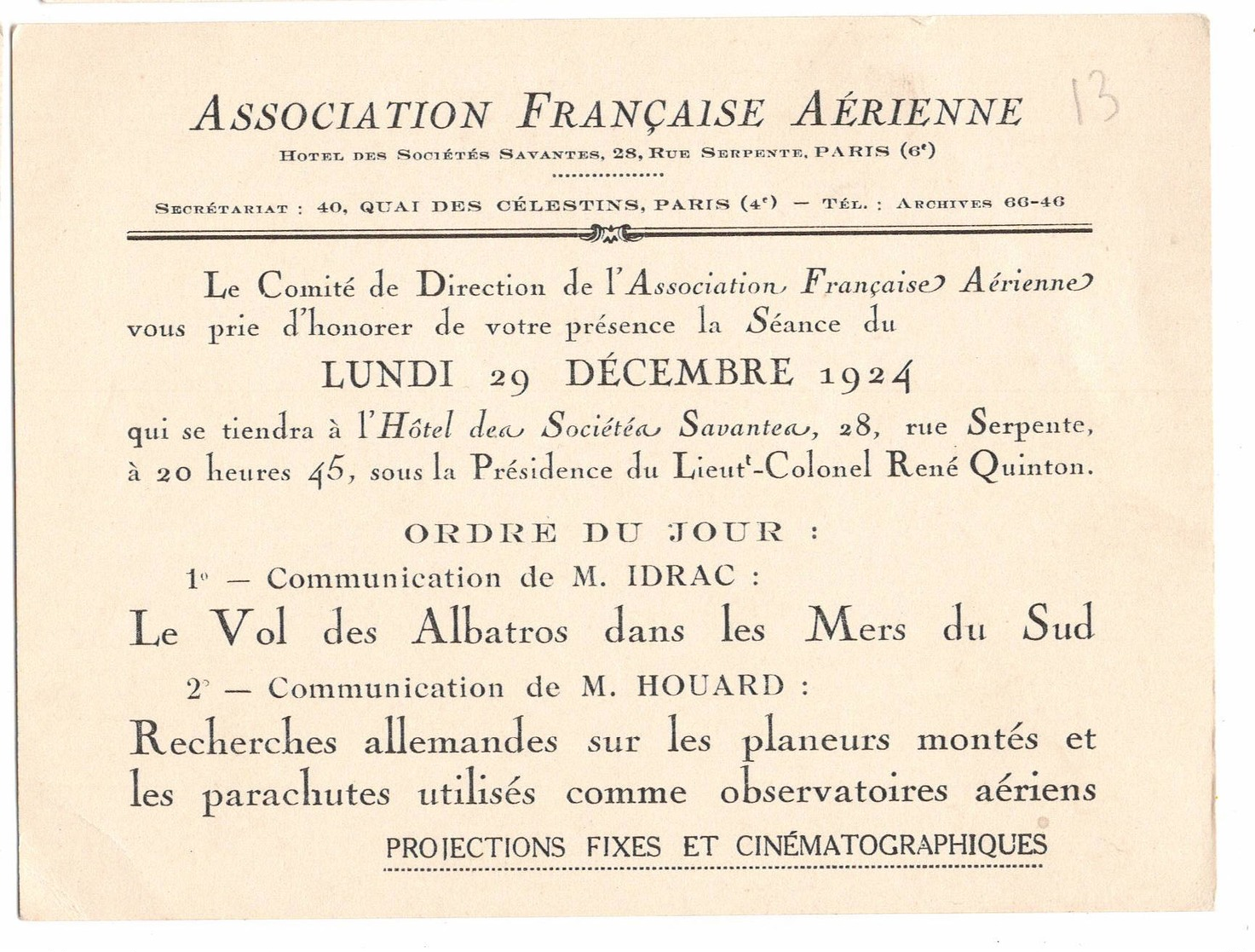 AVIATION: Asociation Française Aérienne-dec 1924 . Thème  "le Vol Des Albatros Dans Les Mers Du Sud..." - Non Classés