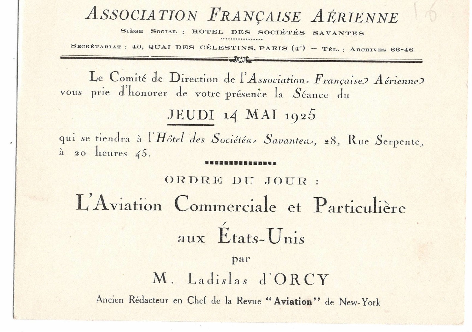 AVIATION: Asociation Française Aérienne- Mai 1925 . Thème  "l'aviation Commerciale Aux Etas Unis.." - Non Classés