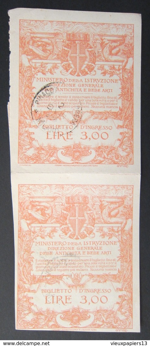 ITALIE 2x Ancien Ticket D'entrée LIRE 3,00 Biglietto D'Ingresso  Ministero Della Istruzione - Antichita - Cachet - 1920s - Tickets - Vouchers