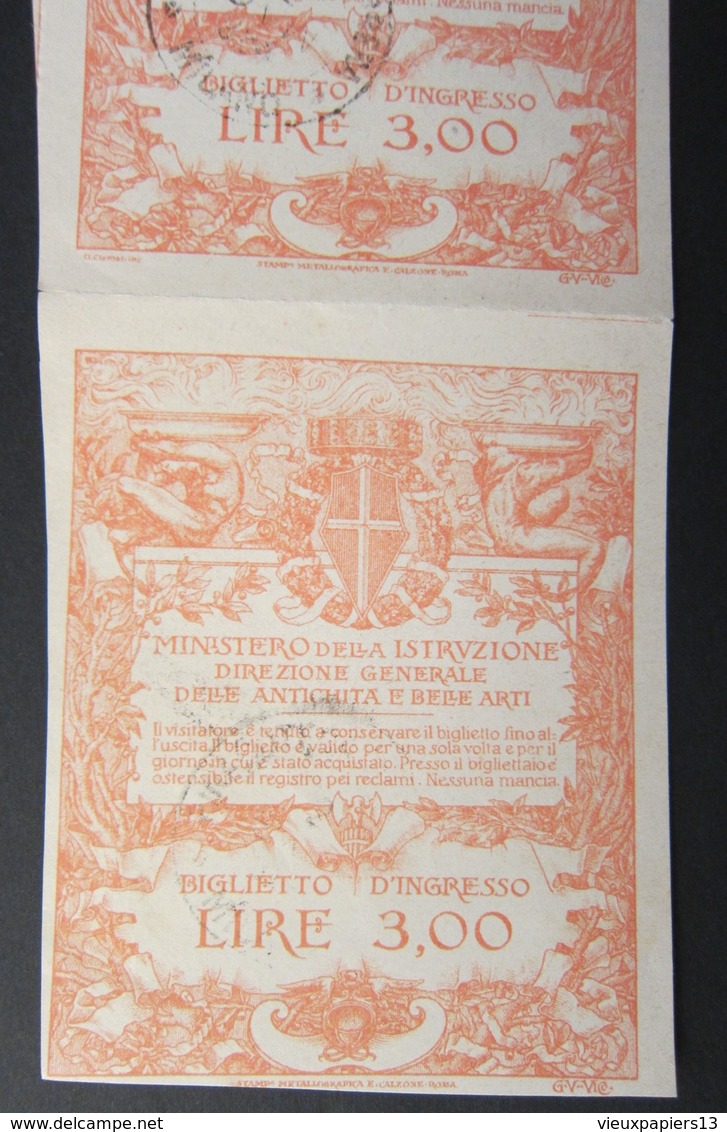 ITALIE 2x Ancien Ticket D'entrée LIRE 3,00 Biglietto D'Ingresso  Ministero Della Istruzione - Antichita - Cachet - 1920s - Tickets - Vouchers