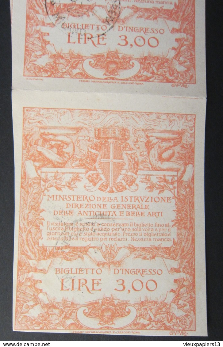 ITALIE 2x Ancien Ticket D'entrée LIRE 3,00 Biglietto D'Ingresso  Ministero Della Istruzione - Antichita - Cachet - 1920s - Biglietti D'ingresso