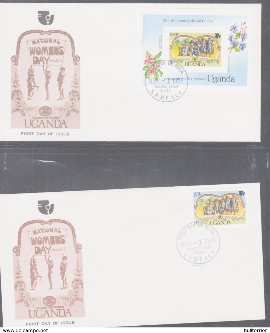 SCOUTS -  UGANDA - 1985-  GIRL GUIDES STAMP + S/SHEET ON 2 ILLUSTRATED FDCS - Covers & Documents