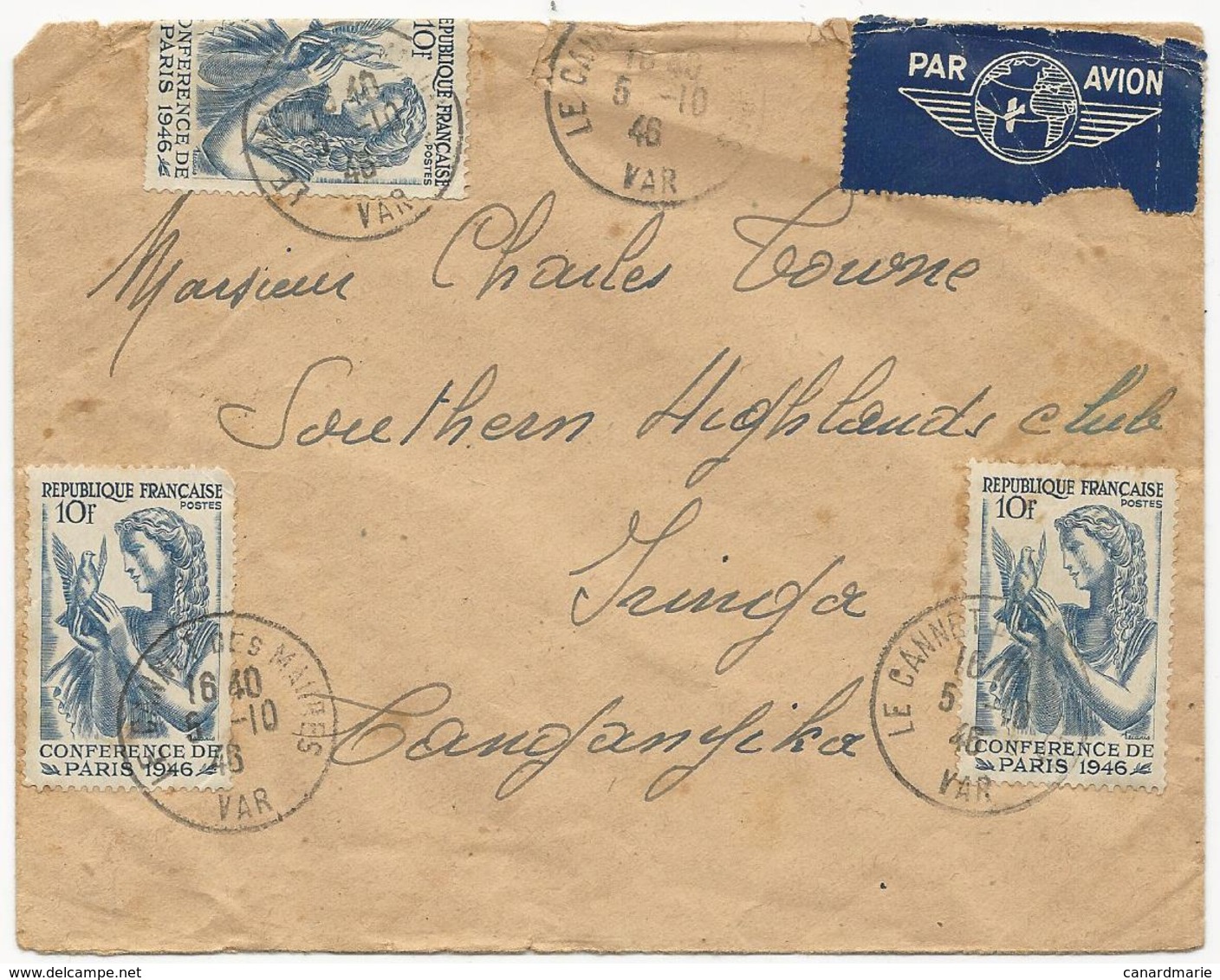 LETTRE PAR AVION 1946 POUR LE TANGANYIKA AVEC 3 TIMBRES CONFERENCE DE PARIS - 1921-1960: Modern Period