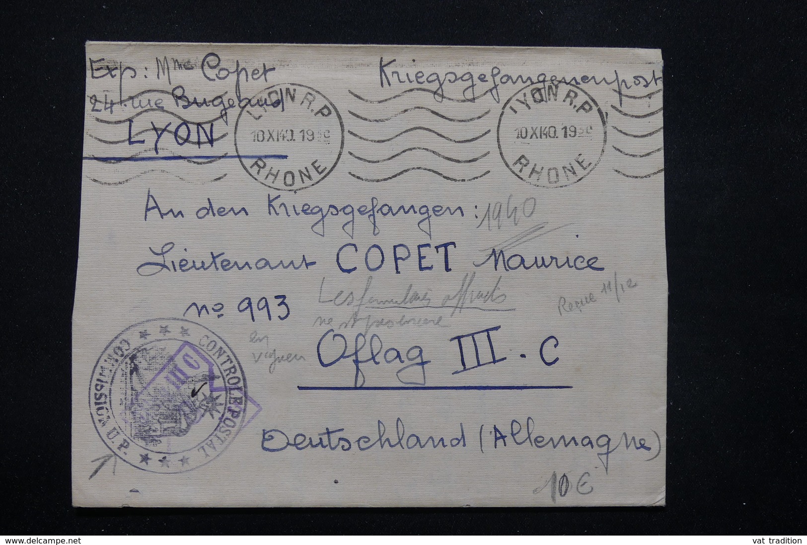 FRANCE - Enveloppe En FM De Lyon Pour Prisonnier Au Oflag IIIC Avec Contrôle Postal En 1940 - L 22161 - Guerre De 1939-45