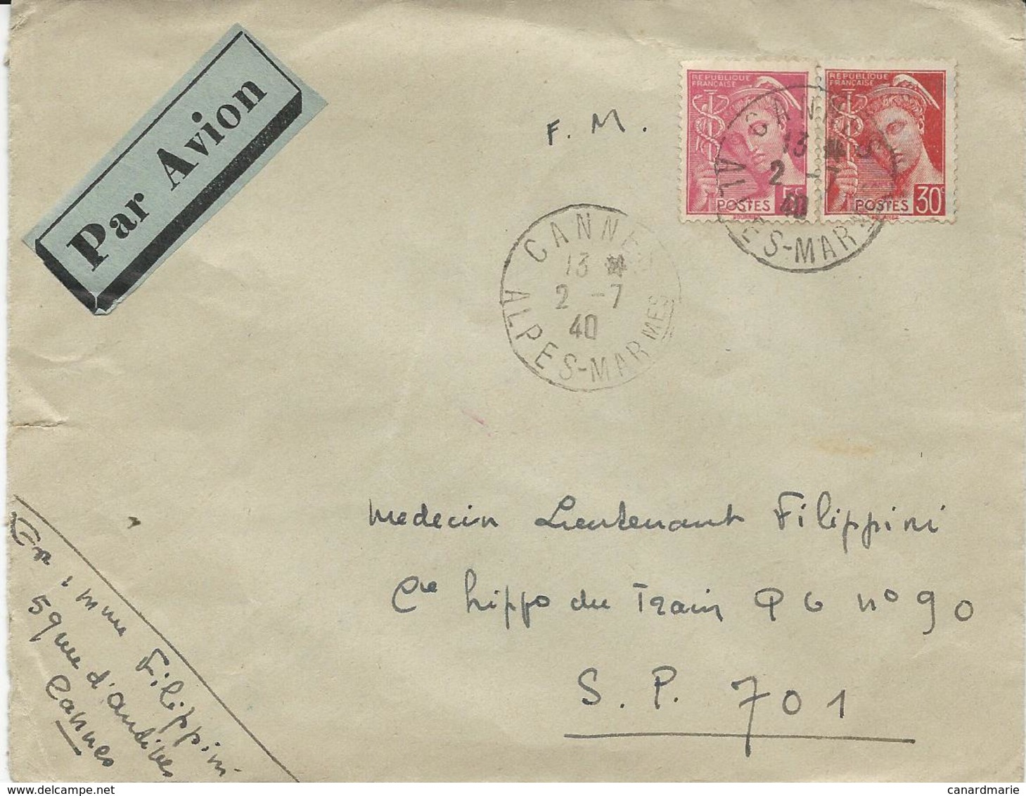 LETTRE PAR AVION 1940 POUR LE SECTEUR POSTAL 701 AVEC 2 TIMBRES TYPE MERCURE - 1921-1960: Modern Period