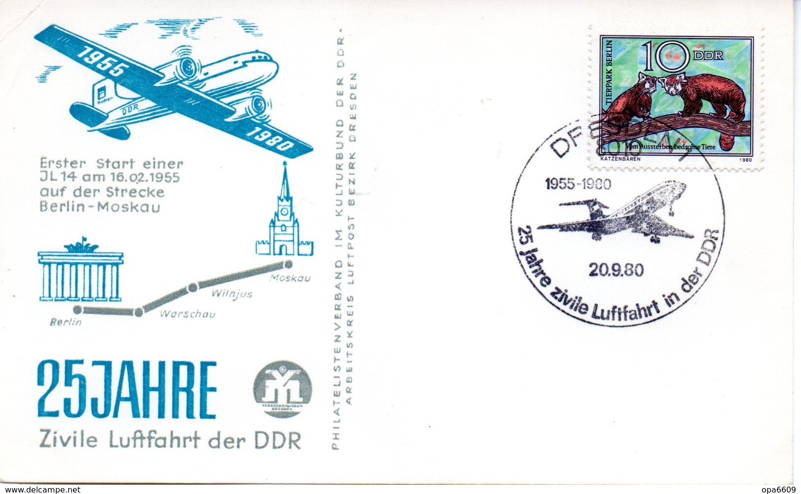 (DDR-B1) DDR Sonderkarte "25 Jahre Zivile Luftfahrt Der DDR", EF Mi 2523 SSt. 20.9.1980 DRESDEN 1 - Lettres & Documents