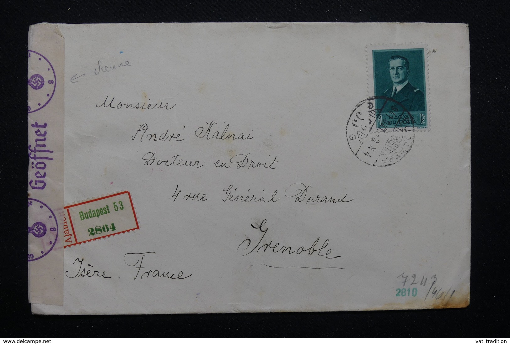 HONGRIE - Enveloppe En Recommandé De Budapest Pour La France En 1941 Avec Contrôle Postal Allemand - L 22170 - Lettres & Documents