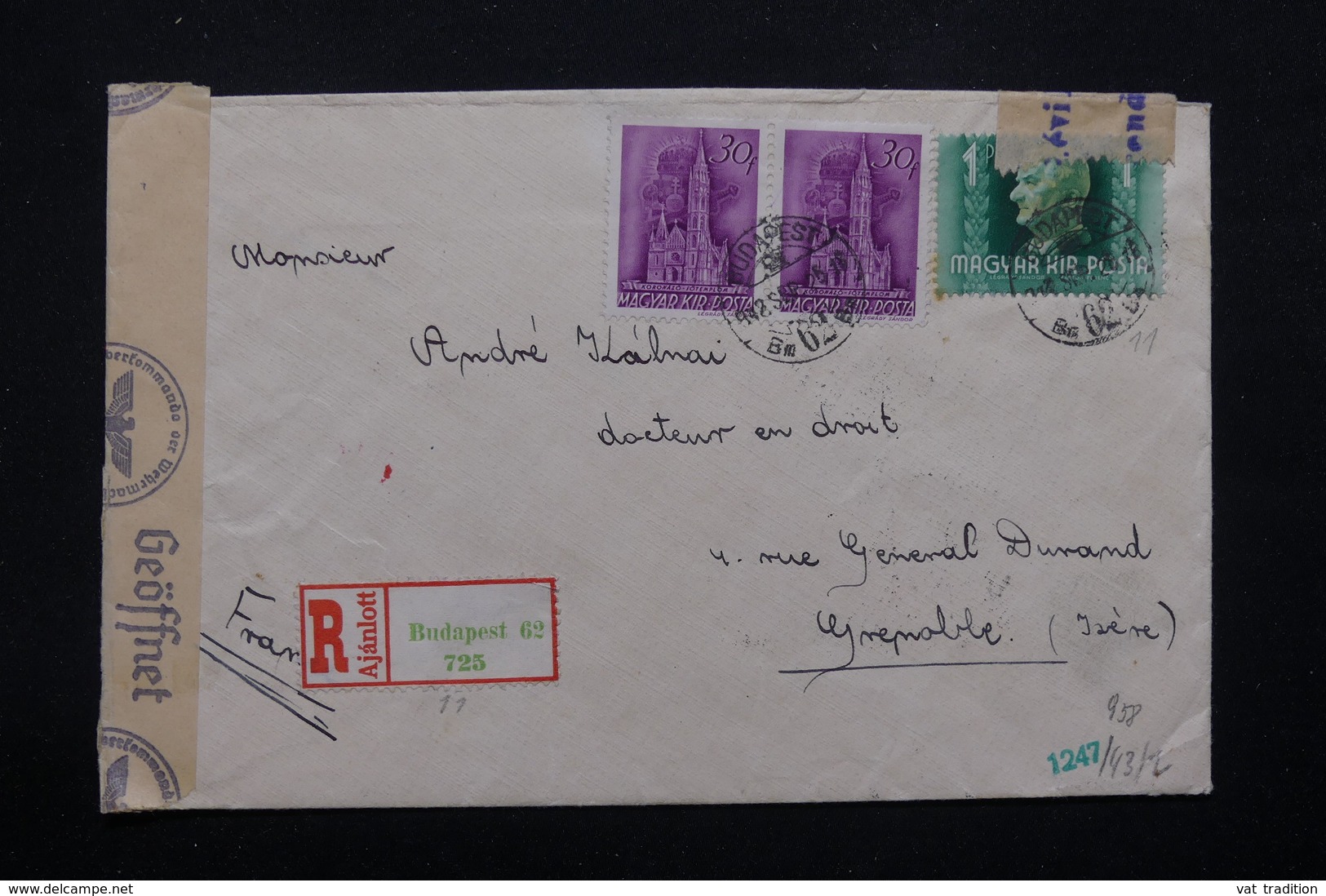 HONGRIE - Enveloppe En Recommandé De Budapest Pour La France En 1942 Avec Contrôle Postal Allemand - L 22171 - Lettres & Documents