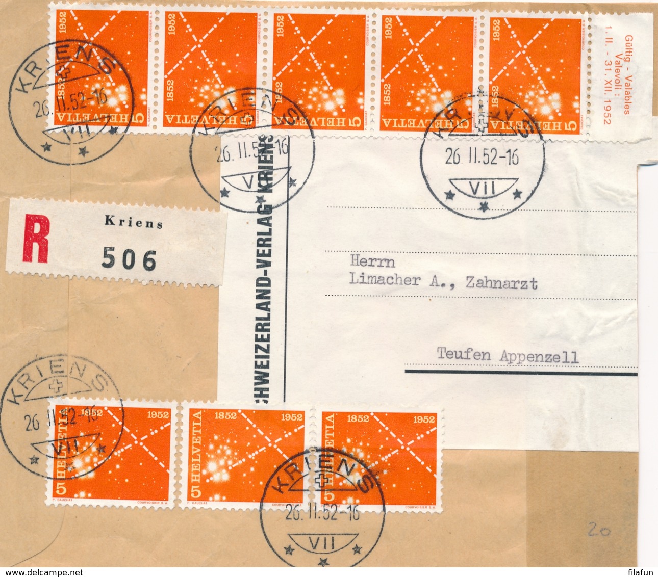 Schweiz / Helvetia - 1952 - 8x 5 Cent Telegrafie On R-coverfront From Kriens ToTeufen - Brieven En Documenten