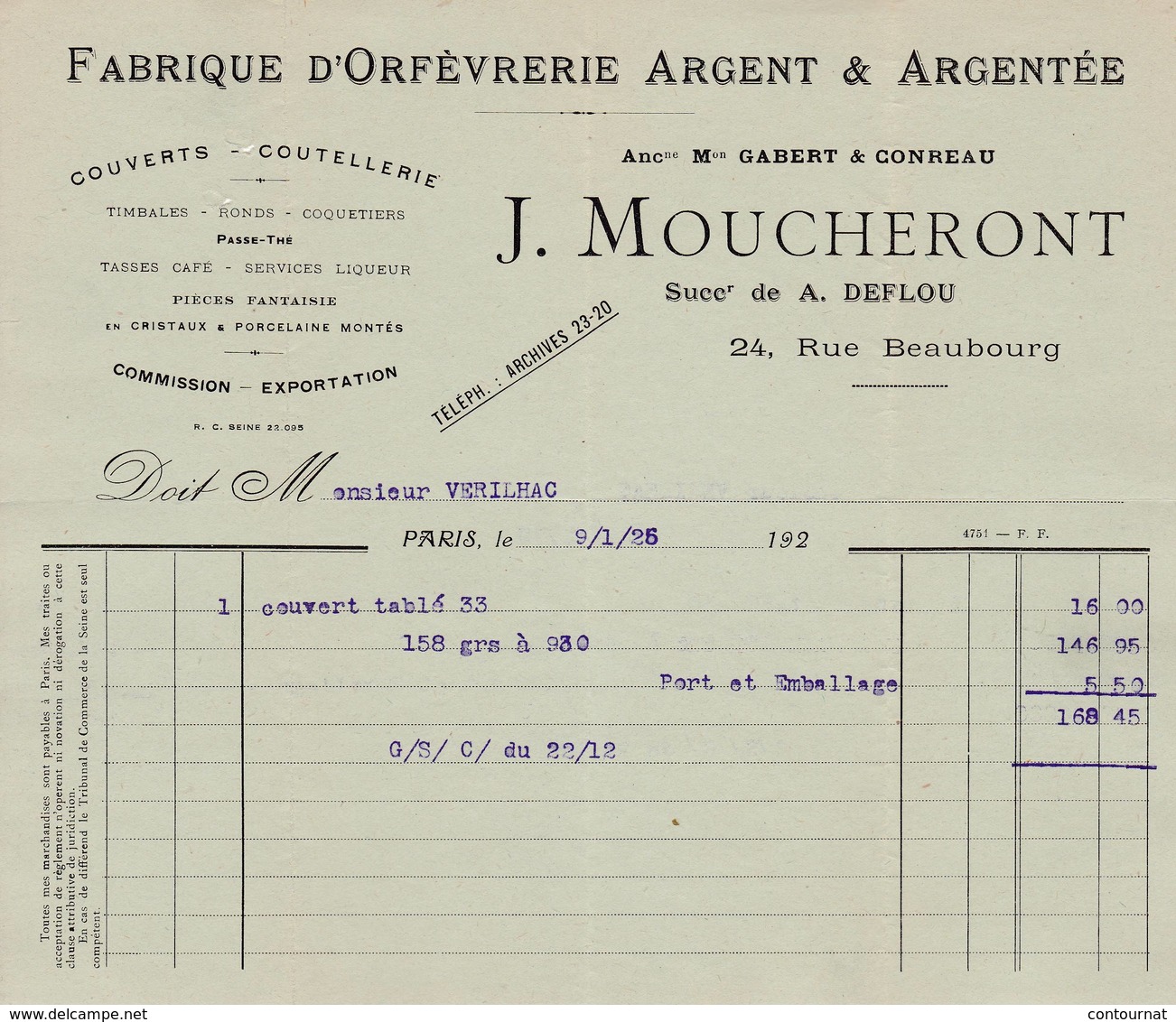 75 PARIS FACTURE 1925  Fabrique D' Orfèvrerie Argent J. MOUCHERONT  Coutellerie    X16 - 1900 – 1949