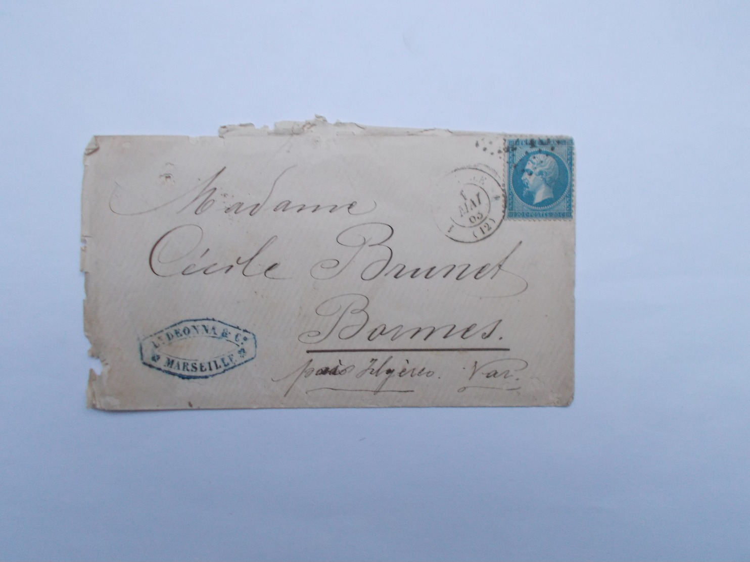 TIMBRE SUR LETTRE 20 C BLEU - 1862 Napoléon III