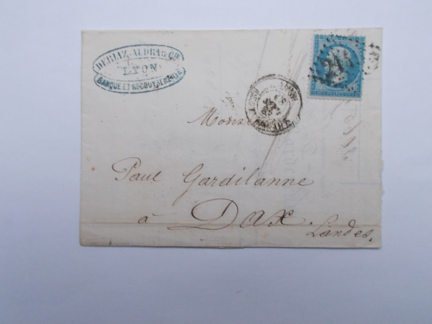 TIMBRE SUR LETTRE 20 C BLEU - 1862 Napoléon III