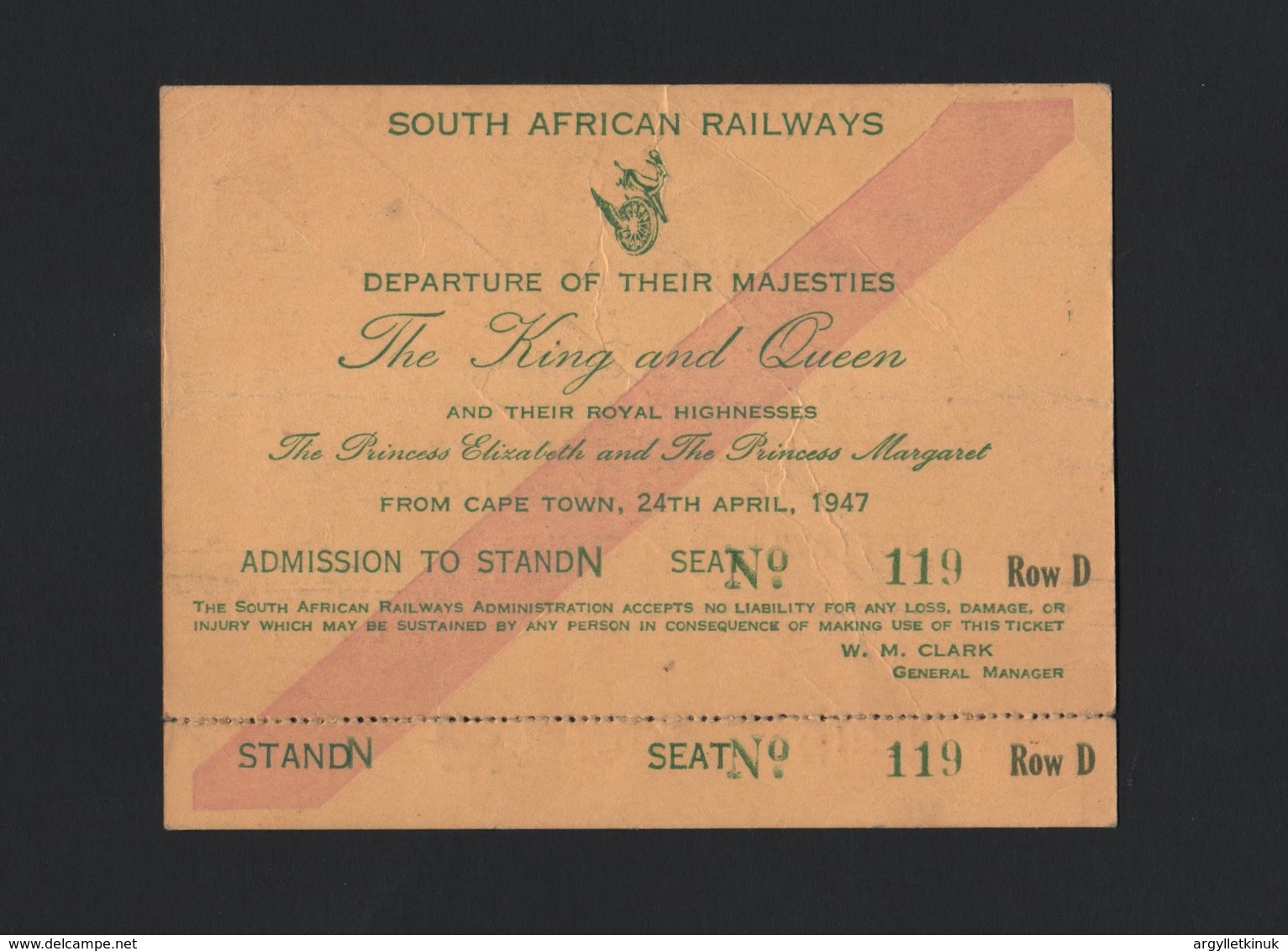 SOUTH AFRICA ROYAL TOUR 1947 TRANS RAILWAYS CAPE TOWN KING GEORGE SIXTH - Tickets - Vouchers
