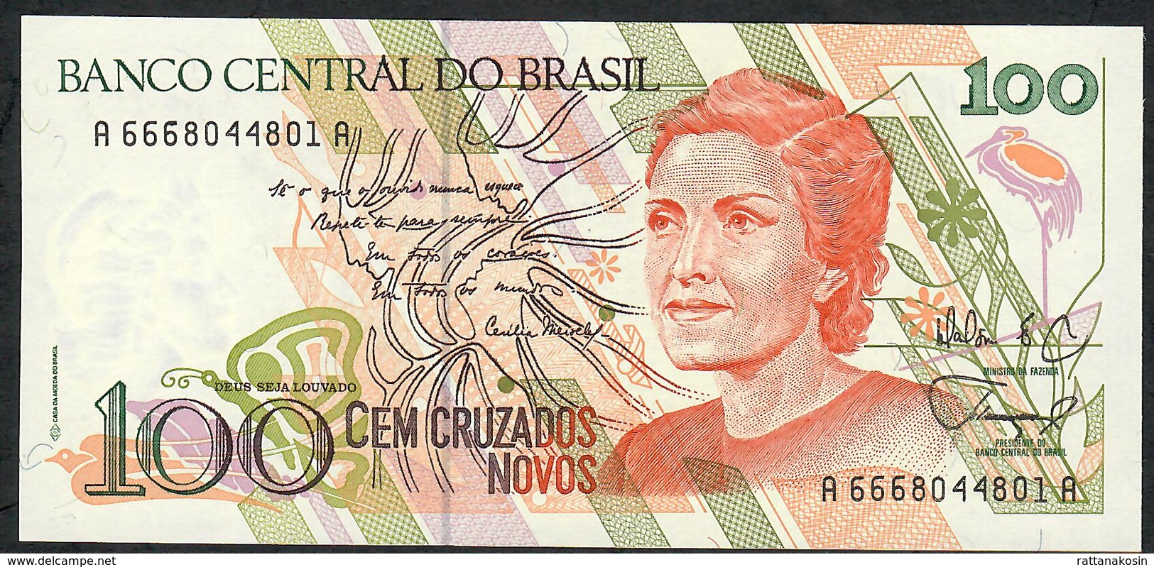 BRAZIL P220 100 CRUZADOS NOVOS 1989 #A6668  Signature 13  UNC. - Brésil