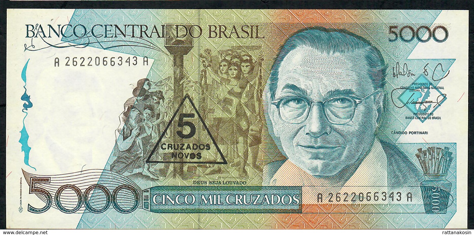 BRAZIL P217a 5 CRUZADOS NOVOS/5000 CRUZADOS 1989 #A2622 Signature 29 UNC. - Brésil