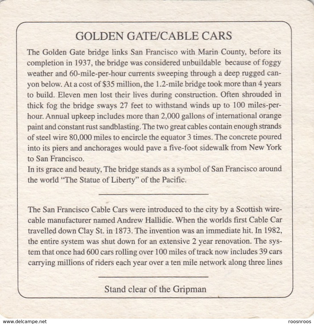 SOUS-BOCK SAN FRANCISCO CALIFORNIA - GOLDEN GATE / CABLE CARS - Sous-bocks
