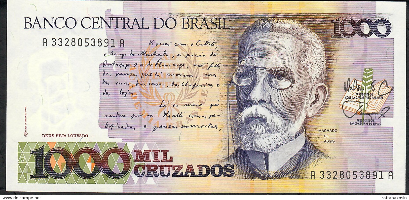 BRAZIL  P213b 1000 CRUZADOS  Sign.26  #A3228  1988  UNC. - Brésil
