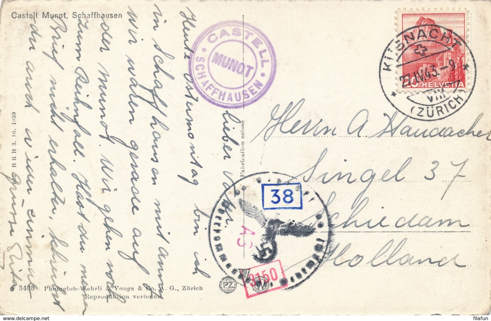 Schweiz / Helvetia - 1943 - Censored Postcard Castell Munot From Küsnacht To Schiedam / Nederland - Andere & Zonder Classificatie