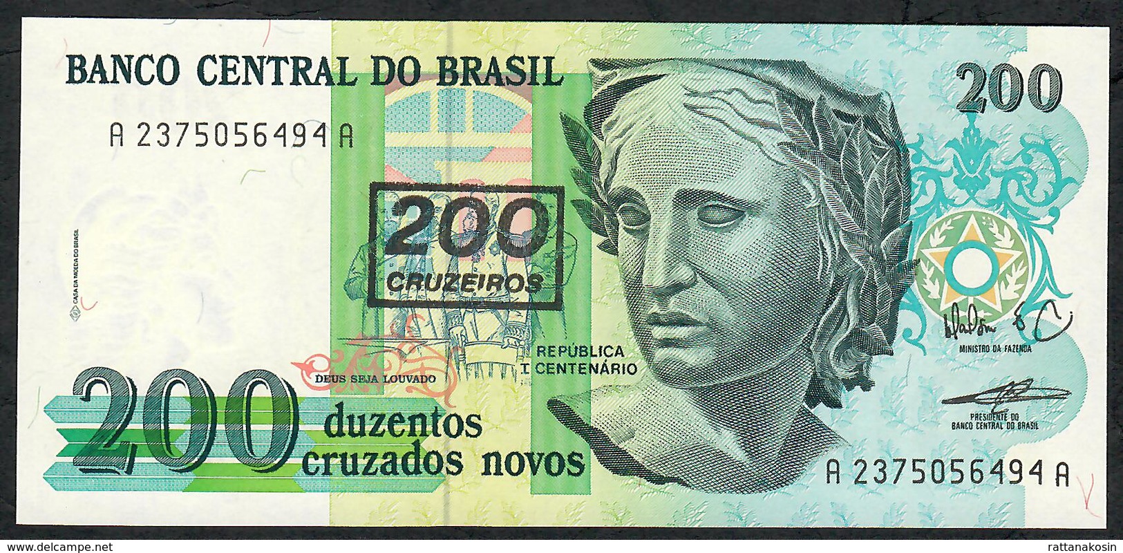 BRAZIL P225b 200 CRUZEIROS/200 CRUZADOS NOVOS 1990 #A2375 UNC. - Brésil