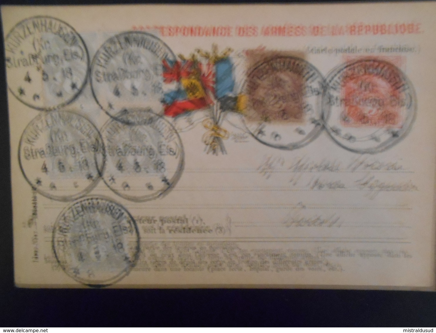 France Alsace-lorraine, Carte De Strasburg 1918 Pour Paris, Timbres Français Avec Cachet Allemand Joli Document - Autres & Non Classés