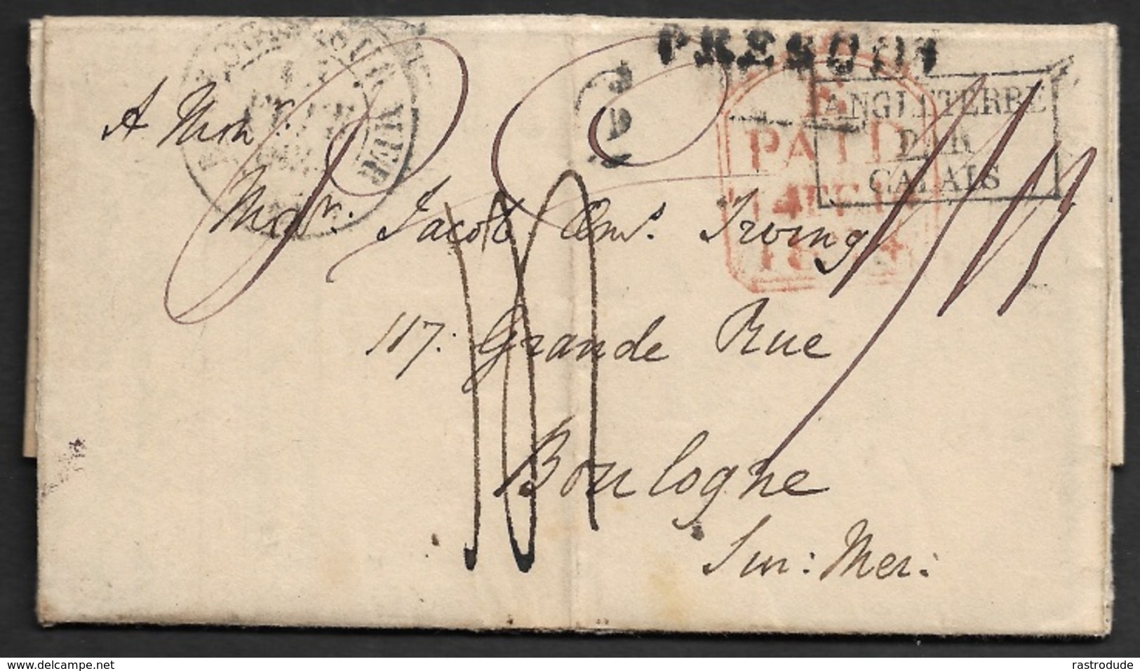 1834 - LAC - PRESCOT, ANGLETERRE - A BOULGNE - E PAID 14 FEB 1834 - INGLETERRE PAR CALAIS . C.`.D BOULOGNE SUR MER. TAXE - 1801-1848: Vorläufer XIX