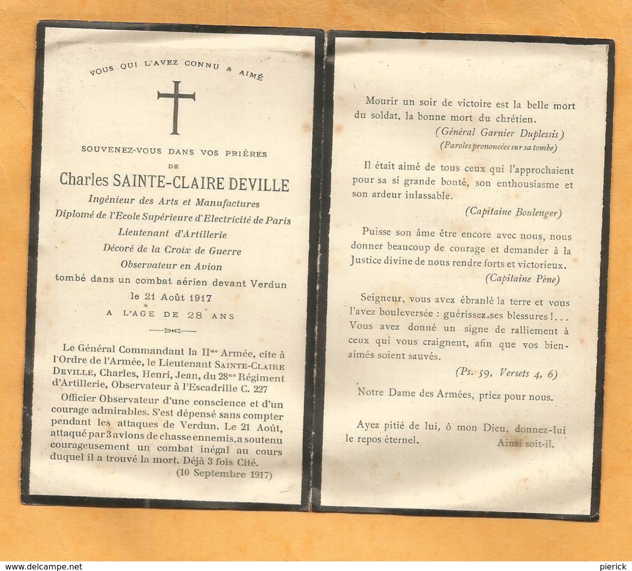 FAIRE PART DECES MILITAIRE  AVIATEUR AVIATION COMbat AERIEN VERDUN AOUT 1917 LIEUTENANT ARTILLERIE OBSERVATEUR WWI - Documents