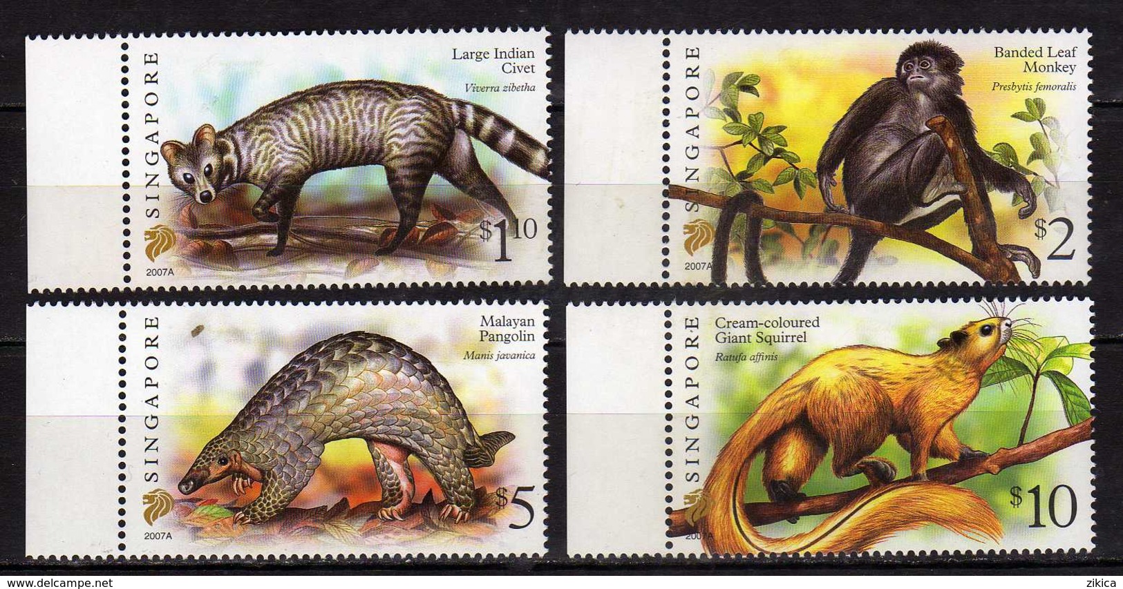 Singapore 2007 Mammals - Inscription "2007A".Civet,Monkey,Pangolin,Giant Squirrel.Mammals,animals. MNH - Singapore (1959-...)