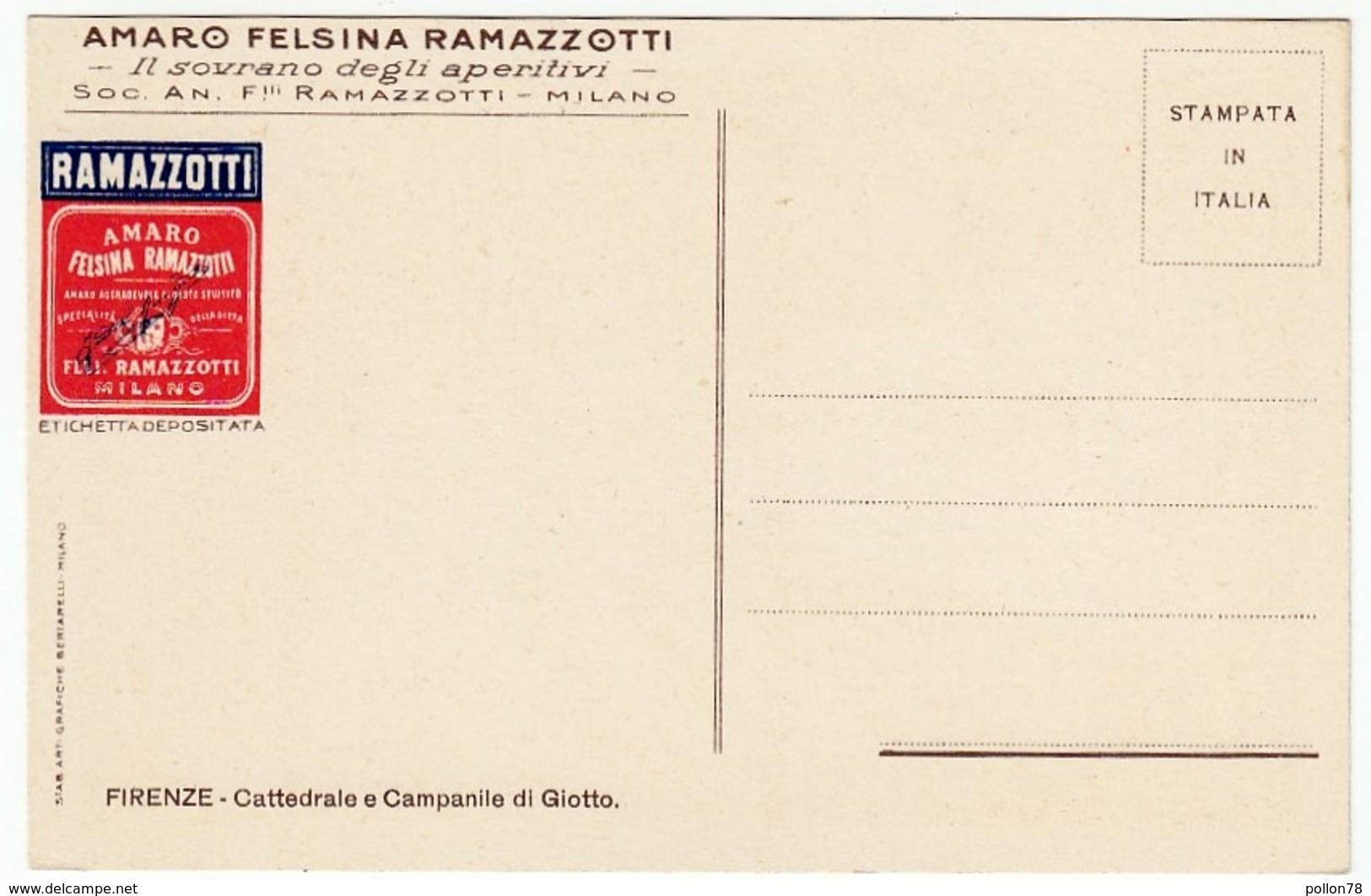 AMARO FELSINA RAMAZZOTTI - FIRENZE - CATTEDRALE E CAMPANILE DI GIOTTO - PUBBLICITARIA - Vedi Retro - F.p. - Firenze