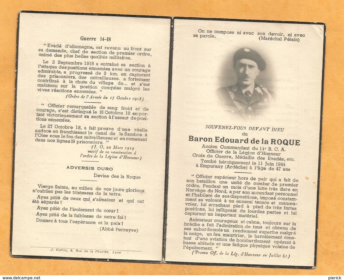 IMAGE GENEALOGIE FAIRE PART DECES MORTUAIRE  BARON DE LA ROQUE COMMANDANT 14 EME BCA EMPURANY WW2 TAIN L HERMITAGE - Décès