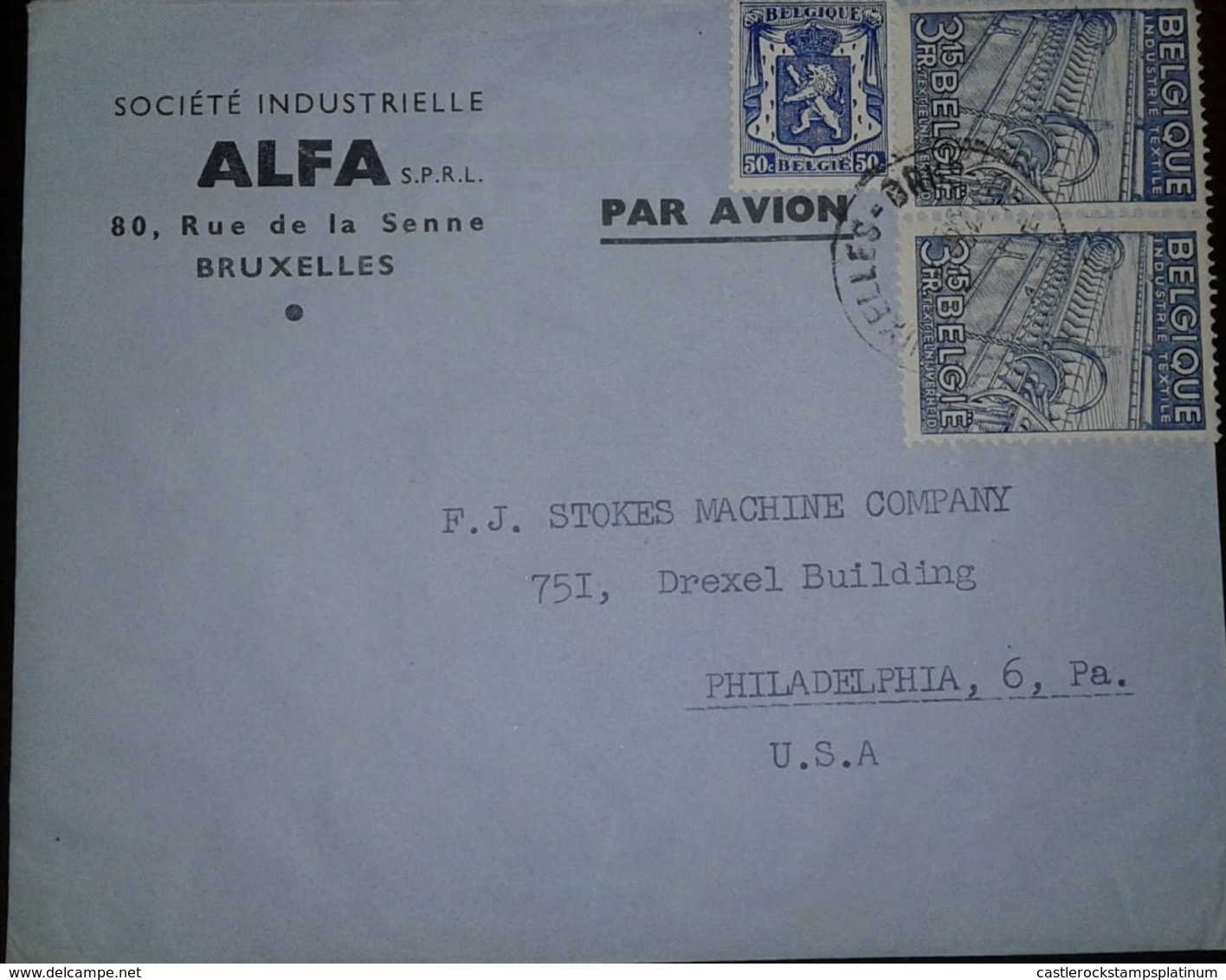 O) 1948 BELGIUM, TEXTILE INDUSTRY SCT 382 3.15fr -COAT OF AMRS SC 275 50c, ALF-BRUXELLES, TO USA - Covers & Documents