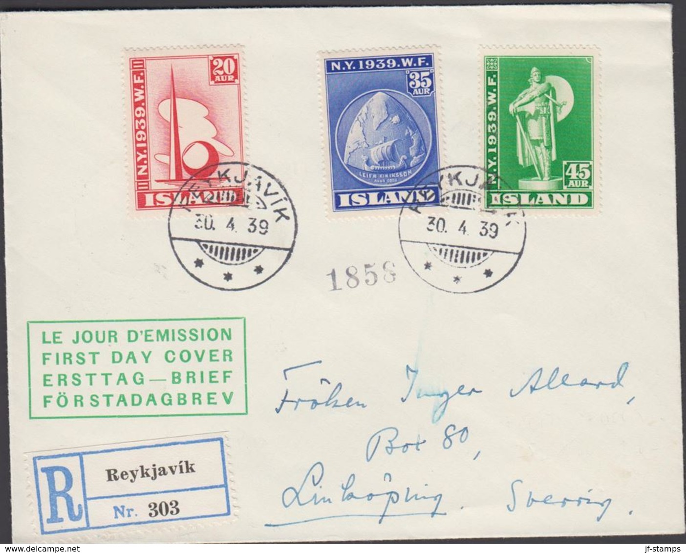 1940. NEW YORK WORLD FAIR.. FDC. REYKJAVIK 30. 4 39. Rec To Sweden.  (MICHEL 204-206) - JF310238 - Lettres & Documents