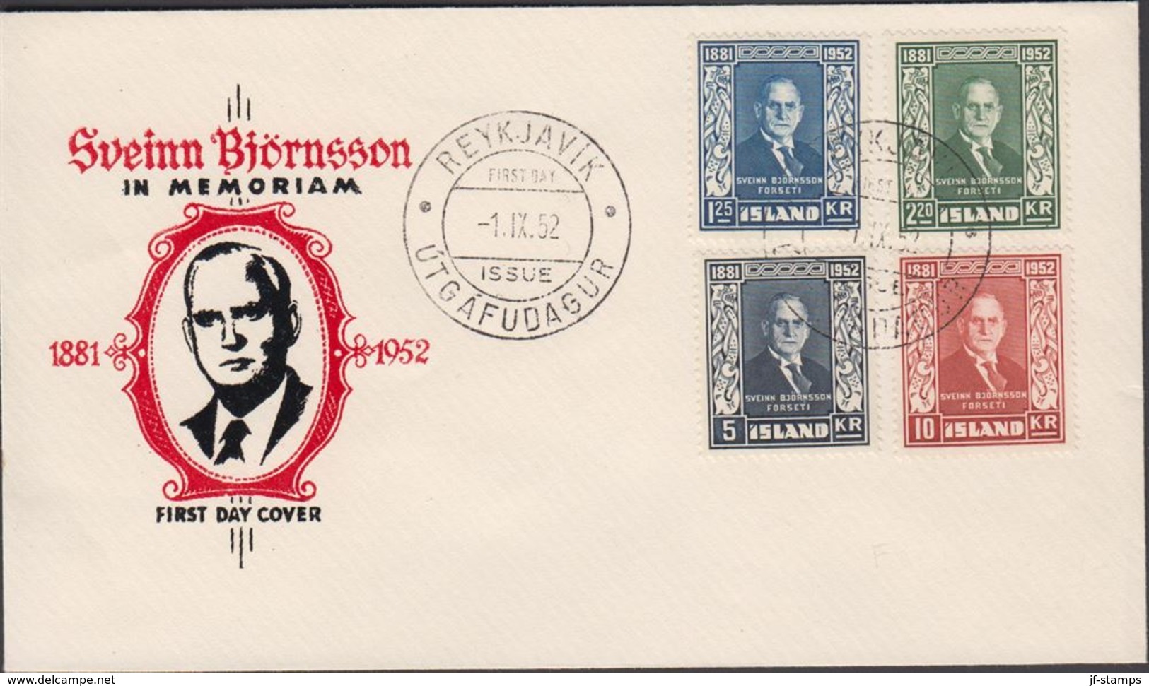 1952. BJÖRNSSON. FDC REYKJAVIK -1. IX. 52.  (Michel 281-284) - JF310248 - Briefe U. Dokumente