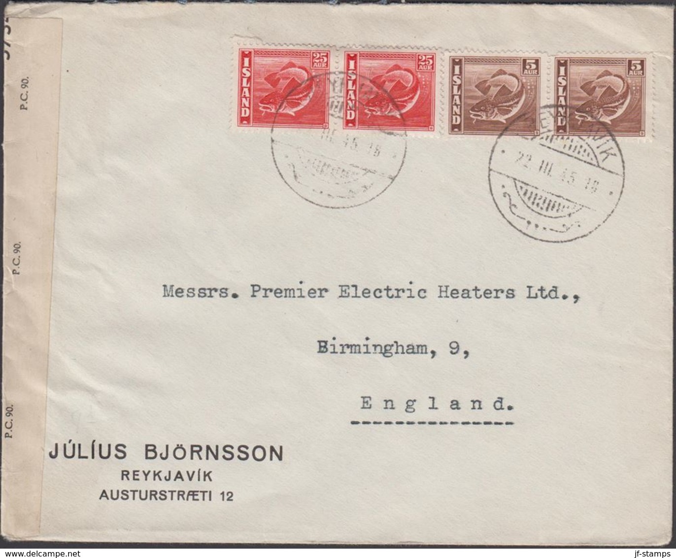 1945. . 2 X 5 Aur + 2 X 25 Aur REYKJAVIK 22. III. 45. To Birmingham, England. OPENED ... (Michel 216) - JF310264 - Lettres & Documents