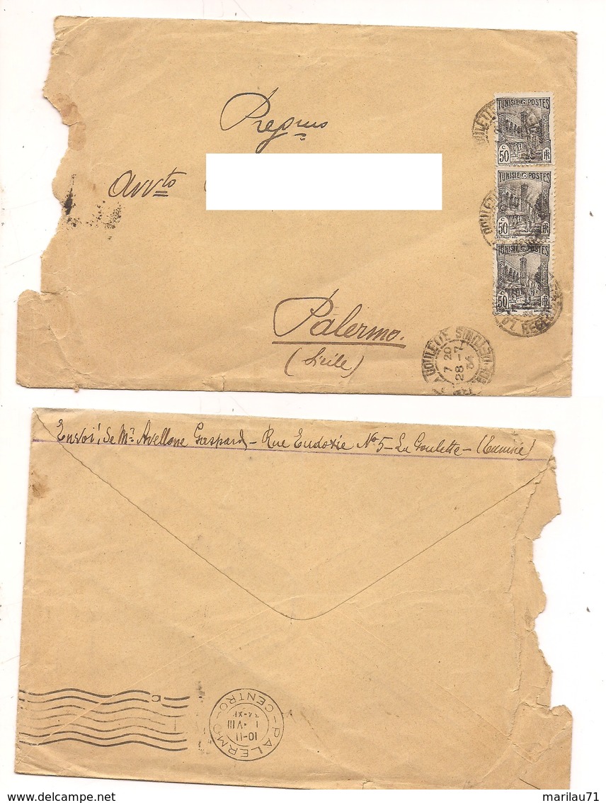 8072 TUNISIA COVER 1934 STAMPS 50C X 3 LA GOLETTE TO PALERMO - Autres & Non Classés