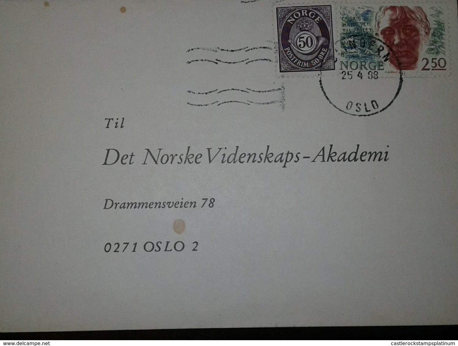 O) 1988 NORWAY, POST HORN  50o -HERMAN WILDENVEY POET 2.50k, FROM OSLO, XF - Covers & Documents