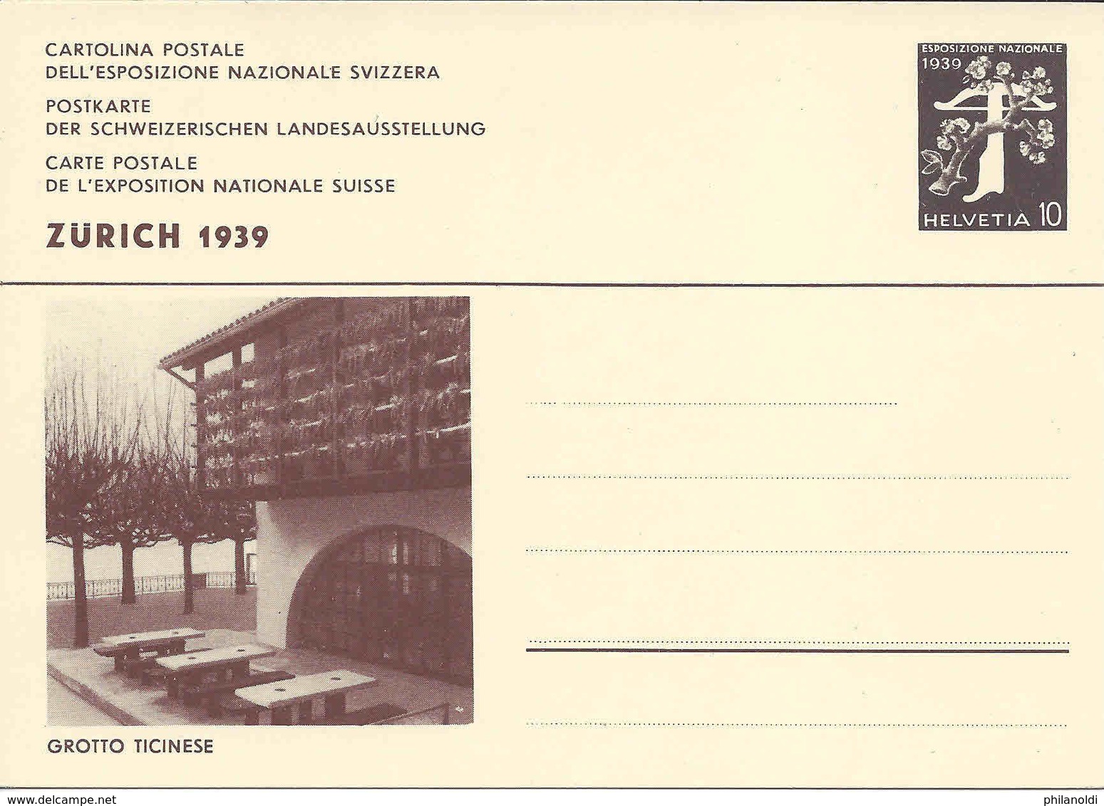 ZURICH 1939, Carte Entier Postal EXPOSITION NATIONALE SUISSE, GROTTO TICINESE (TESSIN), 10 Centimes, Non Voyagée - Postwaardestukken