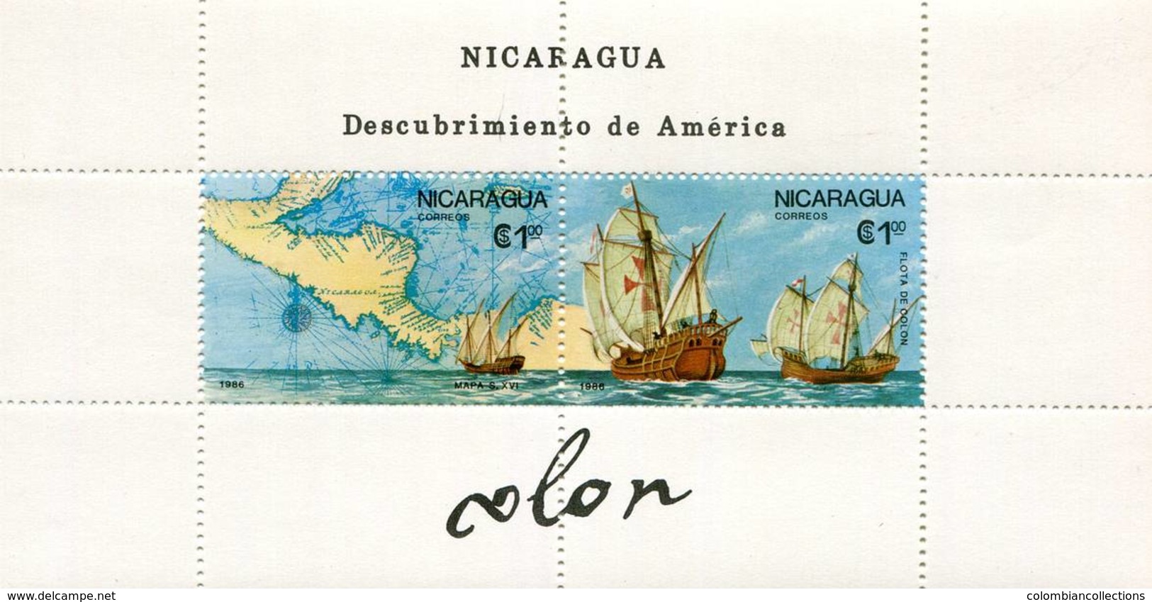 Lote 1562a, Nicaragua, 1986, HF, SS, Descubrimiento De America. Cristobal Colon, Map, Boats - Nicaragua