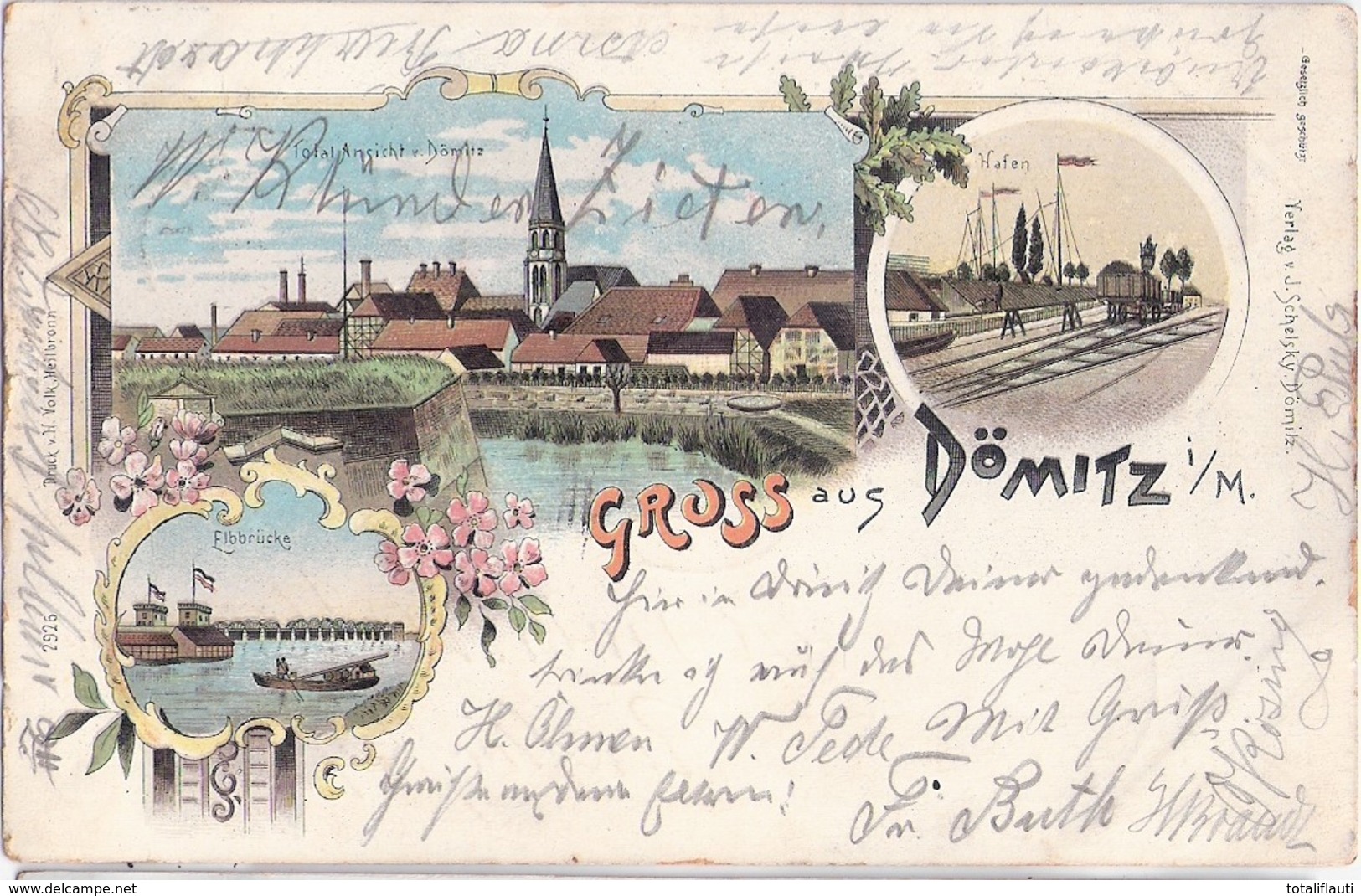 Gruss Aus DÖMITZ Color Litho Gesamtansicht Elbbrücke Hafen Bahn 7.8.1898 Gelaufen - Dömitz