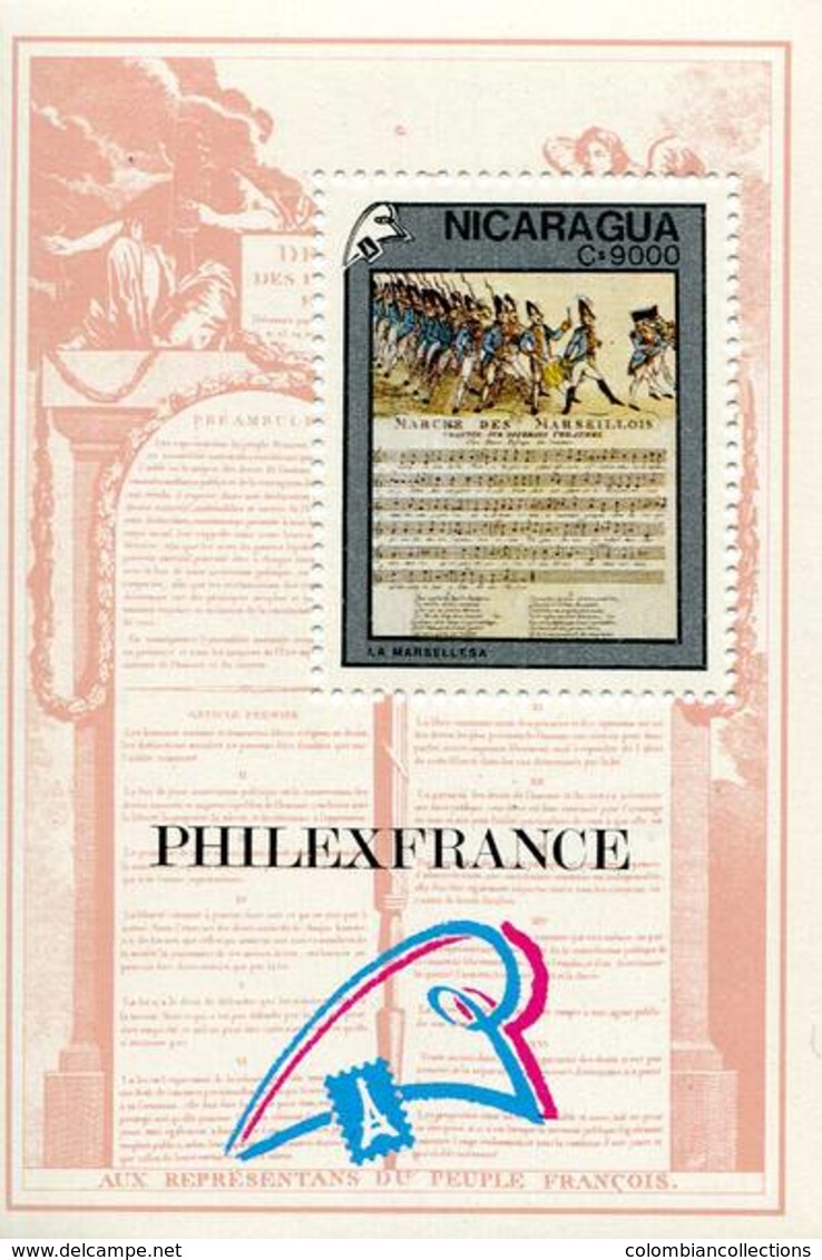 Lote 1780, Nicaragua, 1989, HF, SS, Bicentenario De La Revolucion Francesa, Philexfrance 89, Marsellesa, Music - Nicaragua