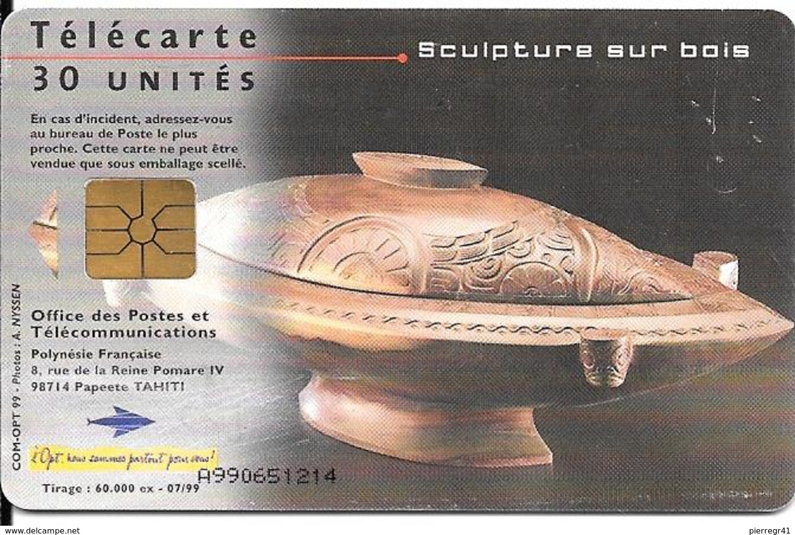 CARTE°-PUCE-POLYNESIE-30U-PF87-GEMA -07/99  -SCULTEUR SUR BOIS-UTILISE-TBE - Polynésie Française