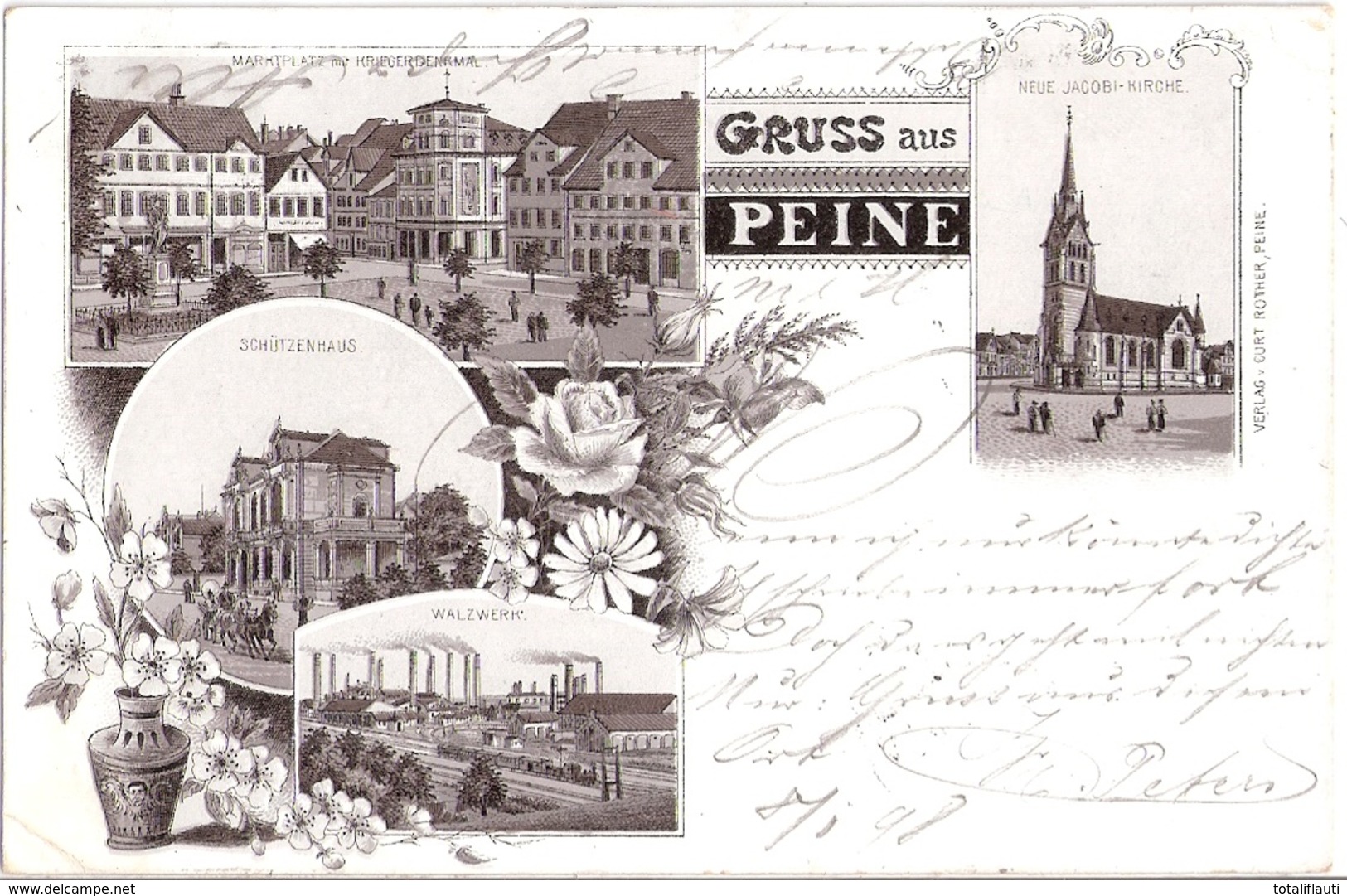 Gruss Aus PEINE Braun Litho Gelaufen 5.1.1898 Markt Walzwerk Schützenhaus Jacobi Kirche - Peine