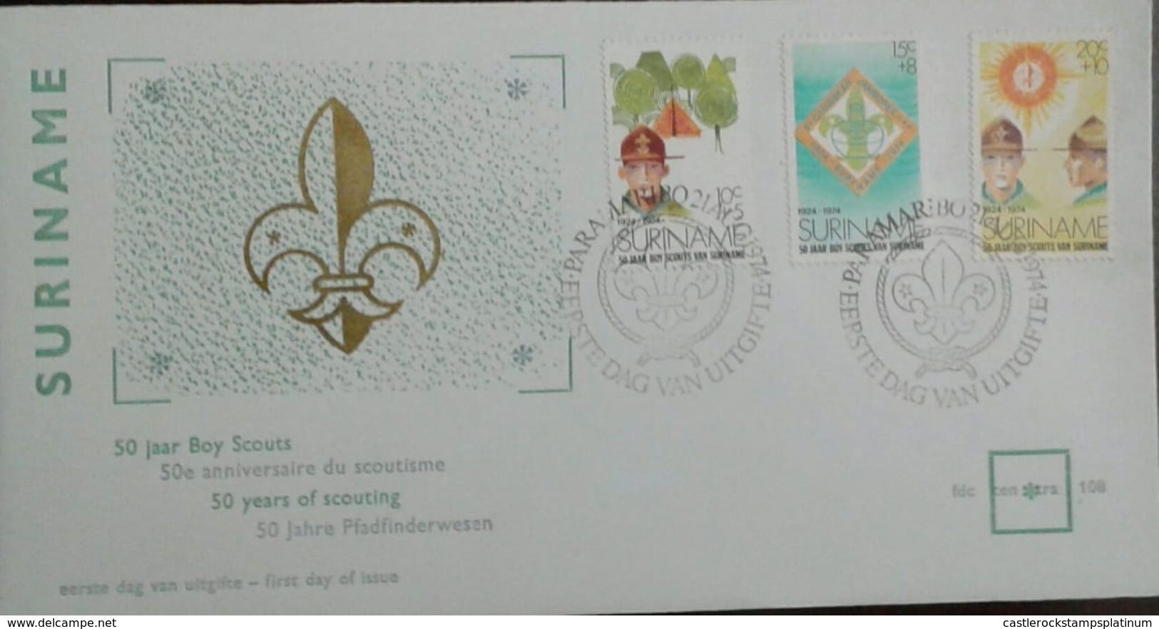 L) 1974 SURINAME, 50 YEARS OF SCOUTING, CHILD, PEOPLE, FLEUR OF LISS, NATURE, FDC - Surinam