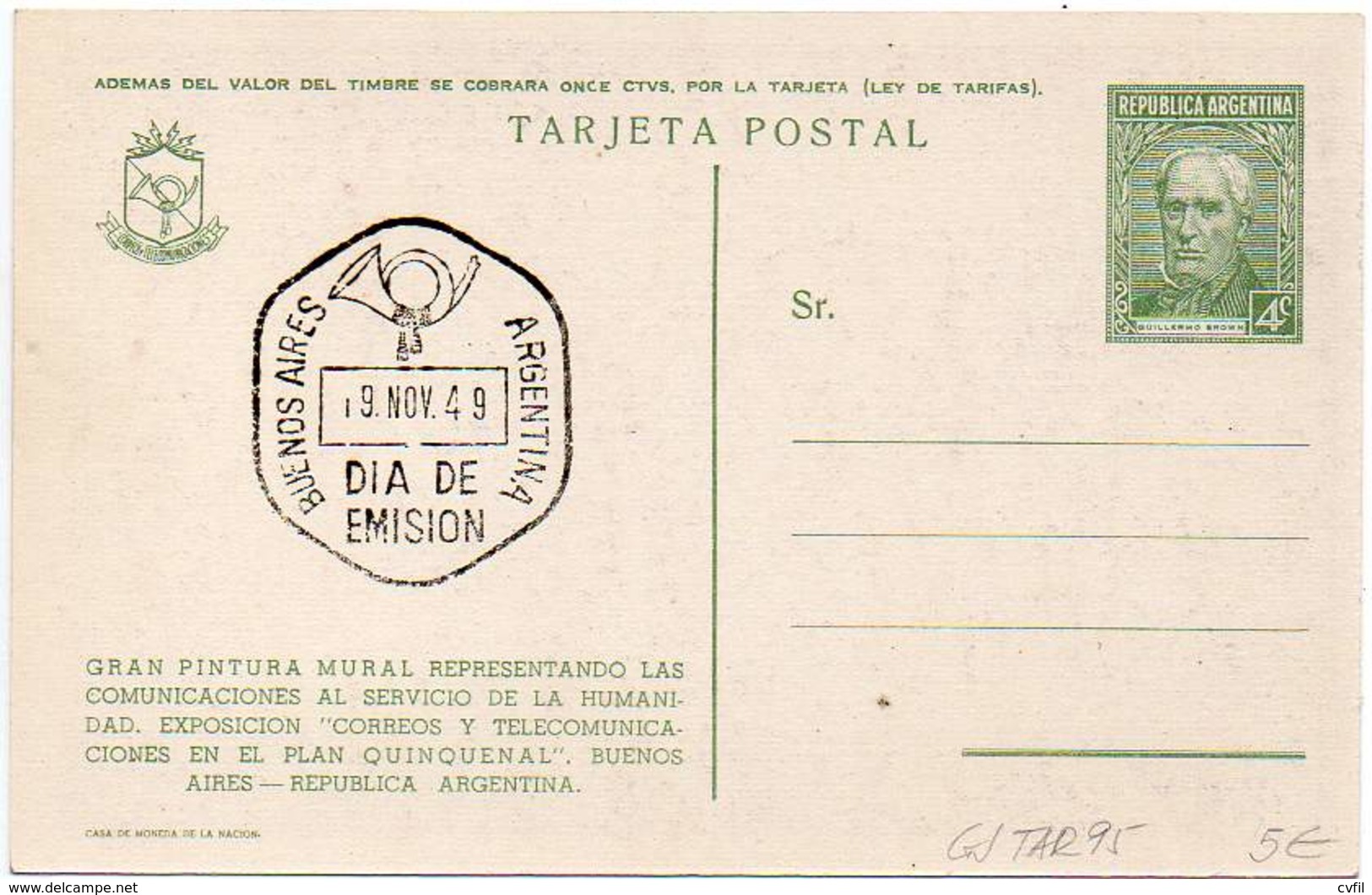 ARGENTINA 1949 - MASONRY - ENTIRE POSTAL CARD OF 4c BROWN (violet) - Enteros Postales