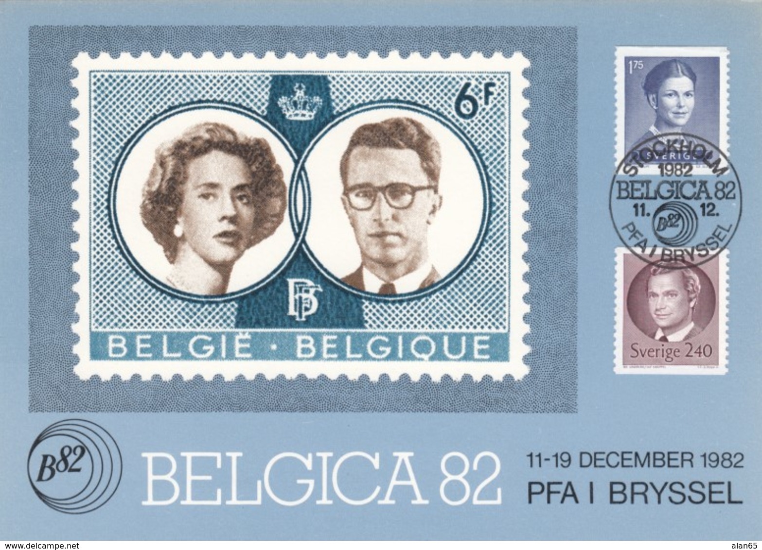 Belgica '82 International Philatelic Youth Exhibition, Real Sweden Stamps + Belgium Stamp Image C1980s Vintage Postcard - Stamps (pictures)