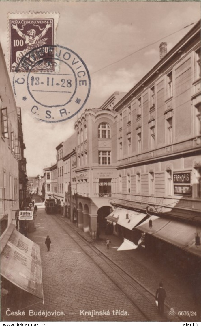 České Budějovice Ceske Budejovice Bohemia Now Czech Republic, Krajinska Trida, Street Car, C1920s Vintage Photo Postcard - Czech Republic