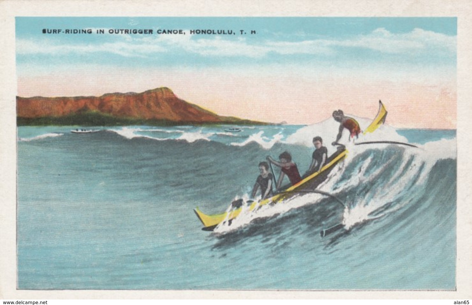 Honolulu Hawaii, Surf Riding Waikiki Beach, Outrigger Canoe C1910s/20s Vintage Postcard - Honolulu