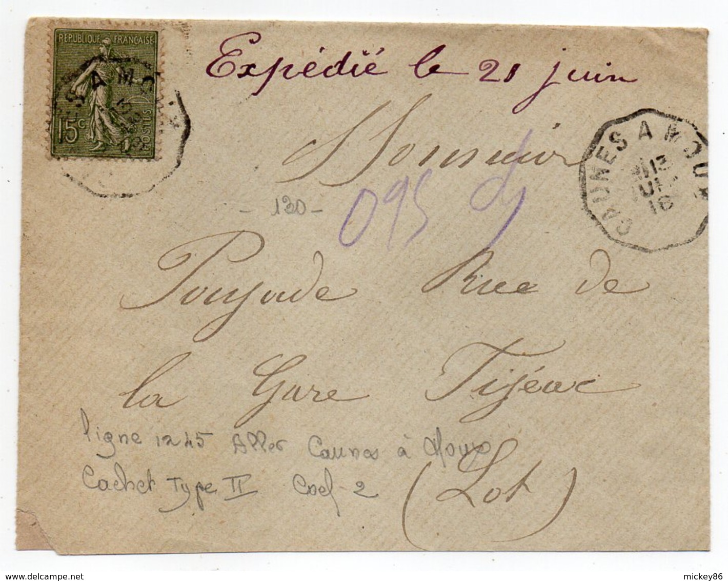 1916--Lettre Pour FIGEAC-46--type Semeuse-cachet Ambulant "CAUNES  à  MOUX "--Aude - 1877-1920: Periodo Semi Moderno