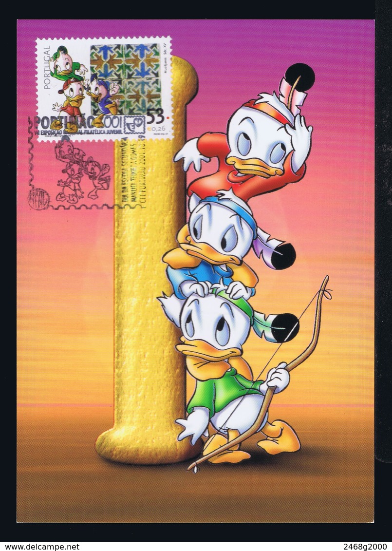 Disney BD Comics HUGUINHO,,, Tiles Maximum Cards (certificated) Portugal 2001 TRIPLE Commemorative-pmk Mc727 - Disney